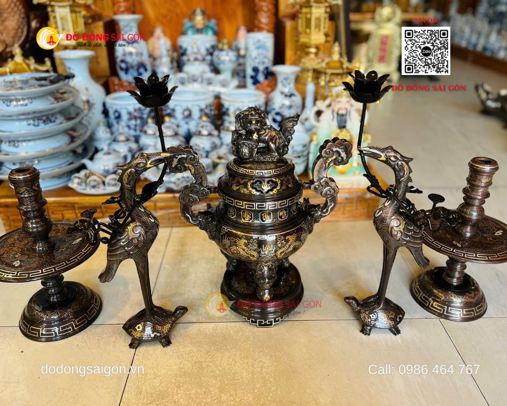 Bộ Lư Đồng Khảm Ngũ Sắc Mini Cho Bàn Thờ Nhỏ