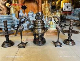 Bộ Lư Đồng Khảm Ngũ Sắc Mini Cho Bàn Thờ Nhỏ – Đồng Đỏ
