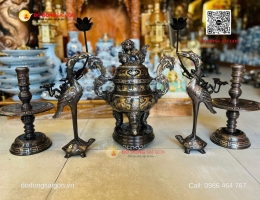 Bộ Lư Đồng Khảm Ngũ Sắc Mini Cho Bàn Thờ Nhỏ Tại Gia