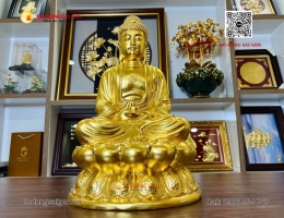 Tượng Phật Thích Ca Mâu Ni Ngồi Đài Sen Mạ Vàng 24k Cao 48cm