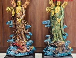 Tượng Quan Thế Âm Đứng Trên Rồng Màu Gấm Bằng Đồng